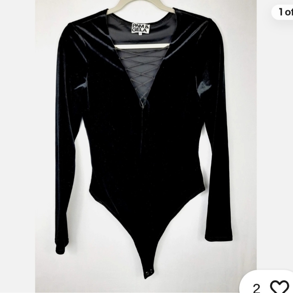 Pam & Gela Black Velvet Lace-Up Plunge Bodysuit | Size S